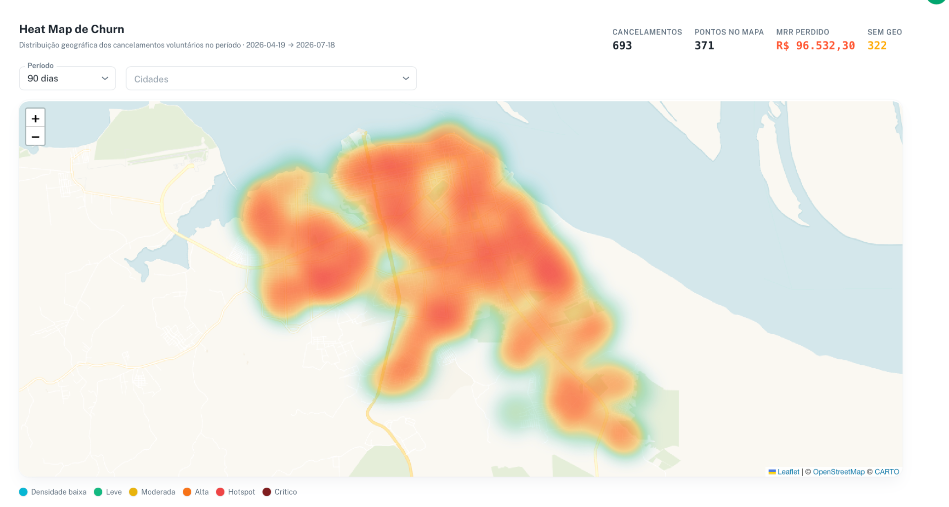 Heat Map de Churn do AntiChurn mostrando distribuição geográfica de cancelamentos voluntários em mapa real